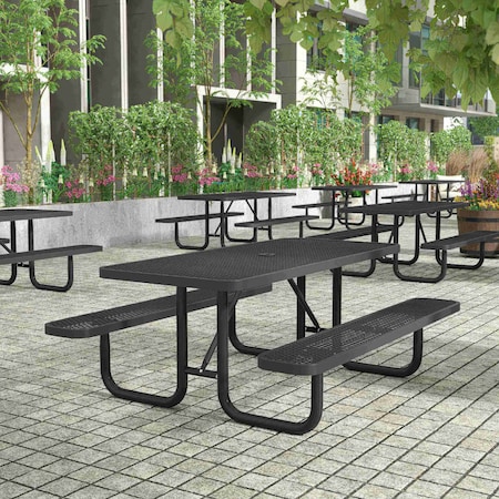 Flash Furniture Rectangle Picnic Table, Black, Metal, Mesh Top, Anchors Included, 72-1/4 in L SLF-EML72-H48L-BK-GG